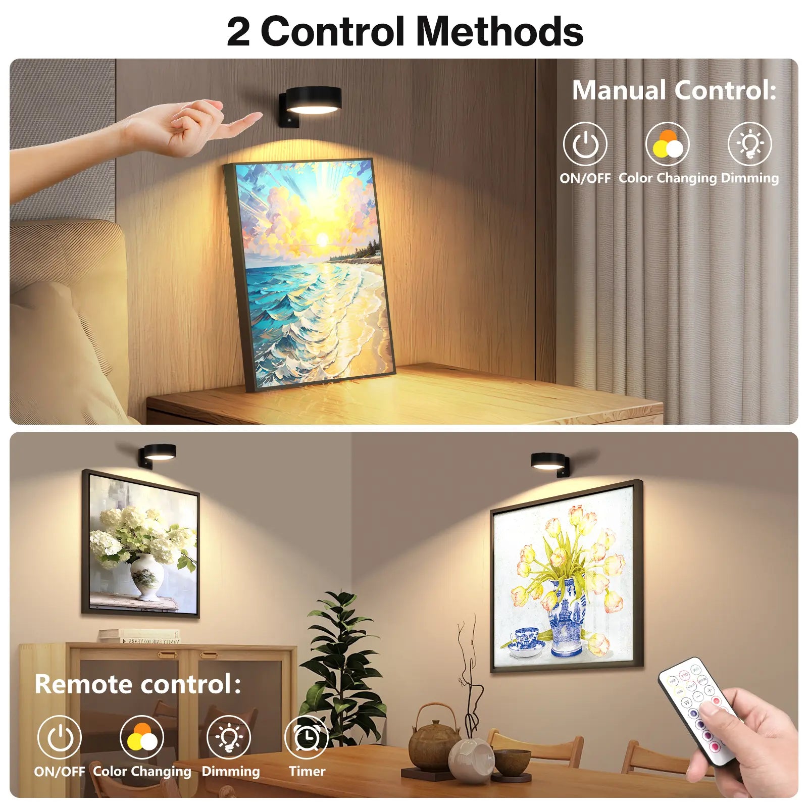 CADRIM Picture Light Wall Light 3 Pack Rechargeable with Remote 12 RGB Colors Dimmable Timer Magnetic Wireless Art Display Lighting for Painting Photo Frame Poster (Renter Friendly)