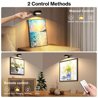 CADRIM Picture Light Wall Light 3 Pack Rechargeable with Remote 12 RGB Colors Dimmable Timer Magnetic Wireless Art Display Lighting for Painting Photo Frame Poster (Renter Friendly)