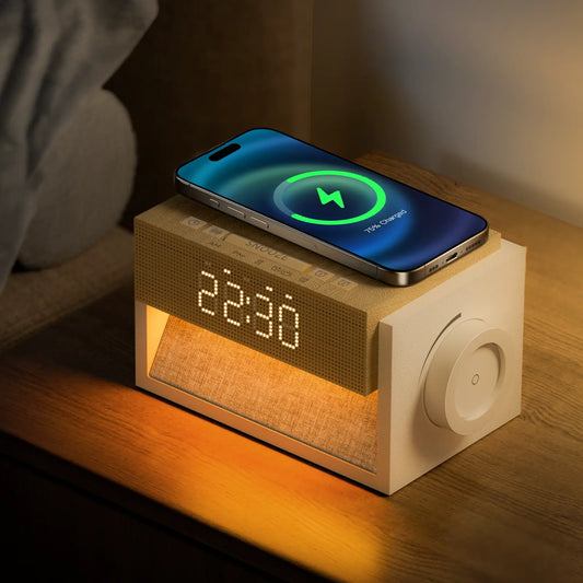 Sleep White Noise Alarm Clock with Wireless Charging 20 Sounds Dual Alarm Snooze Dimmable Display Knob Control for Bedroom Perfect Sleep Gifts