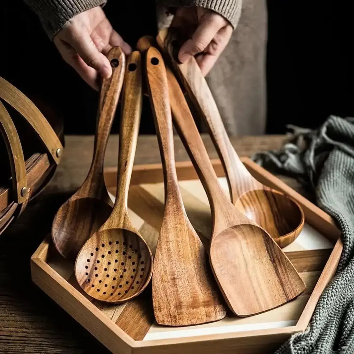 Eco-Friendly Natural Wooden Spatula Set - 5 Pieces with Ergonomic Handles, Heat Resistant and Durable Kitchen Cooking Tools for Non-Stick Cookware
