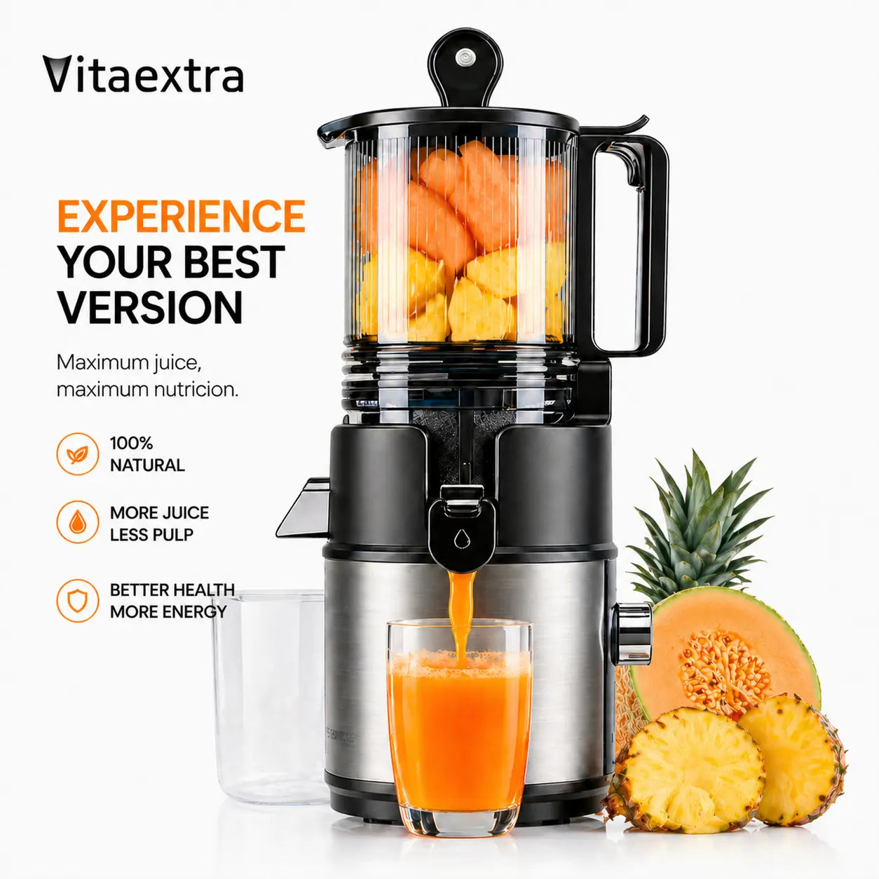 Vitaextra Professional Cold Press Juicer with 5.8" Extra Large Chute, Quiet Masticating Technology for Whole Fruits, Vegetables, and High Juice Yield, 250W AC Motor, Easy Clean Design