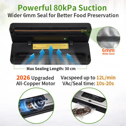 Zenpeak Professional Food Vacuum Sealer with 6mm Wide Seal, Integrated Bag Cutter, Dry & Moist Modes, External Sealing for Bags and Mason Jars, Removable Drip Tray - Ideal Mother's Day Gift