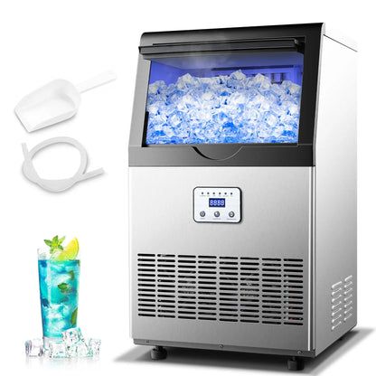 5 Gallon Bucket and Tap Water Supply Commercial Ice Maker Machine - 110LBS/24H, Stainless Steel Freestanding Design, 28LBS Storage Capacity, Dual Water Inlet Modes, Portable Countertop Ice Cube Maker