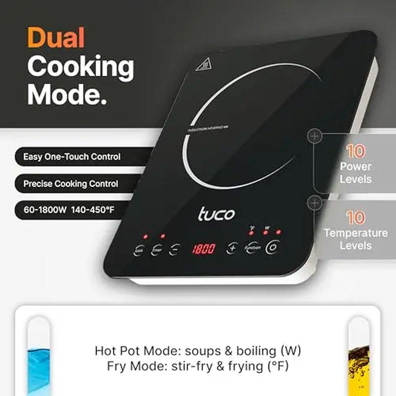 TUCO Induction Cooktop Burner - Portable Electric Stove with Shatter-Proof Ceramic Glass, LCD Touch Sensor, ETL Certified, 20 Cooking Modes, 1800 Watts