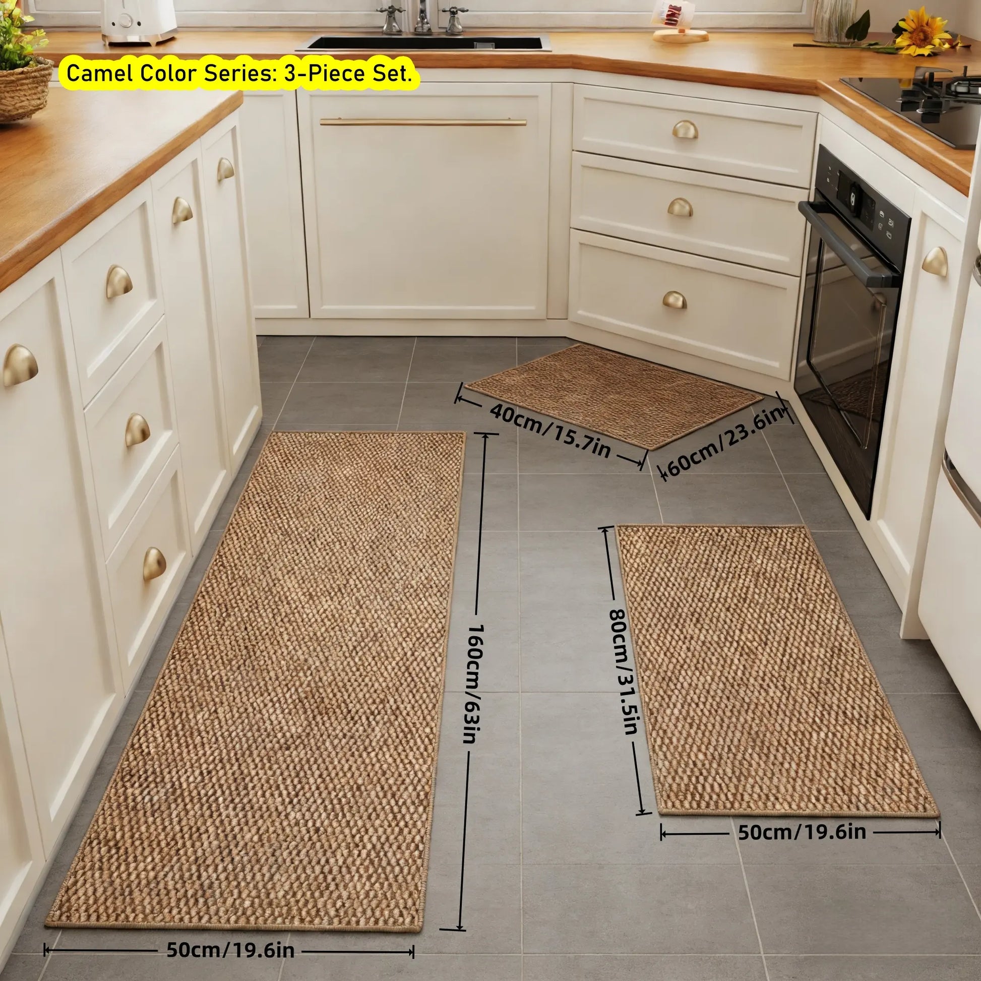 3-Piece Set Kitchen Mat, Premium Woven Carpet, Thickened 0.23In, Anti-Slip TPR Bottom, Long Quick-Dry Absorbent Foot Mat, Minimalist Home Decor, Suitable For: Kitchen, Bedroom, Living Room, Bathroom Entrance, under Sink, Guesthouse, Hotel, Etc.
