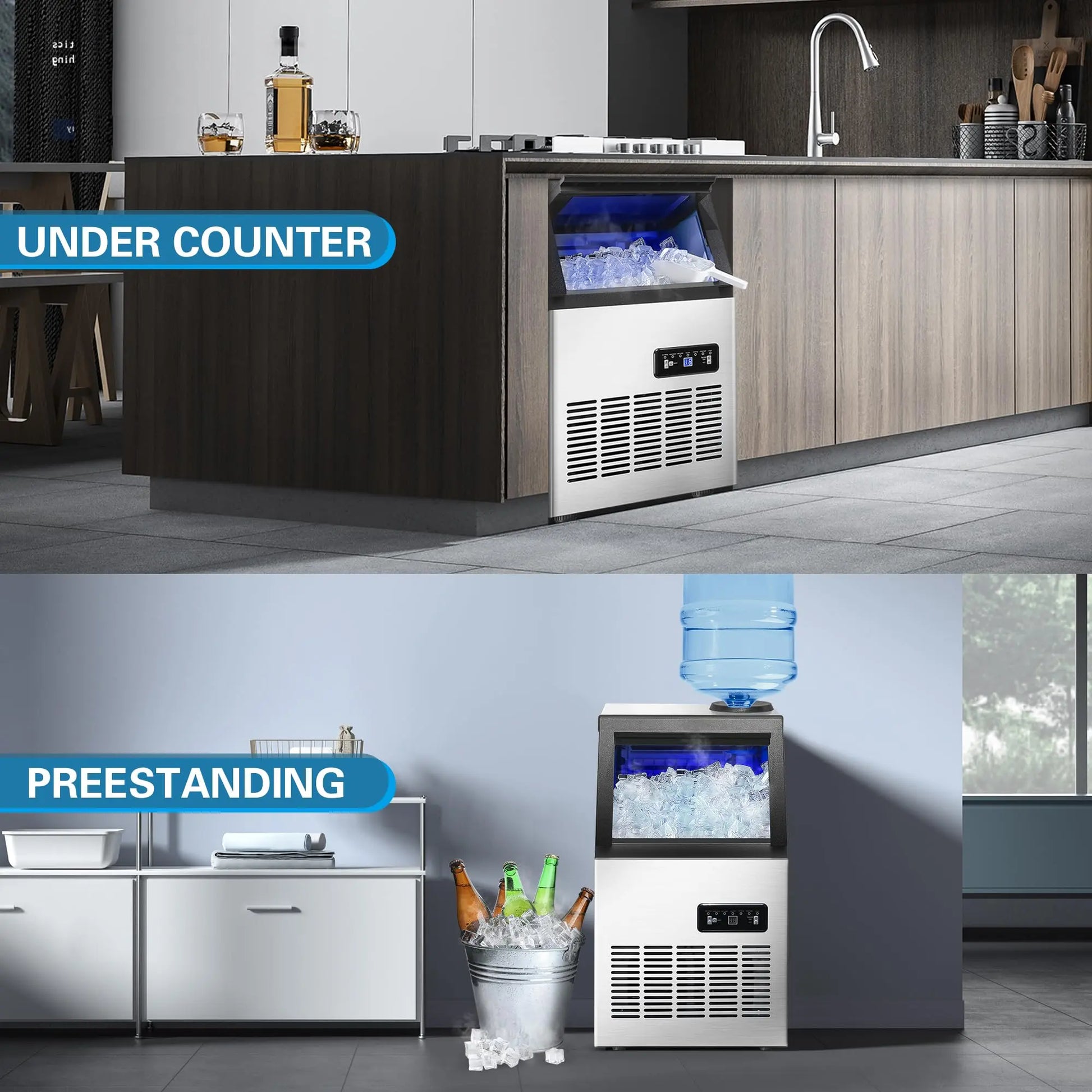 5 Gallon Bucket and Tap Water Supply Commercial Ice Maker Machine - 110LBS/24H, Stainless Steel Freestanding Design, 28LBS Storage Capacity, Dual Water Inlet Modes, Portable Countertop Ice Cube Maker