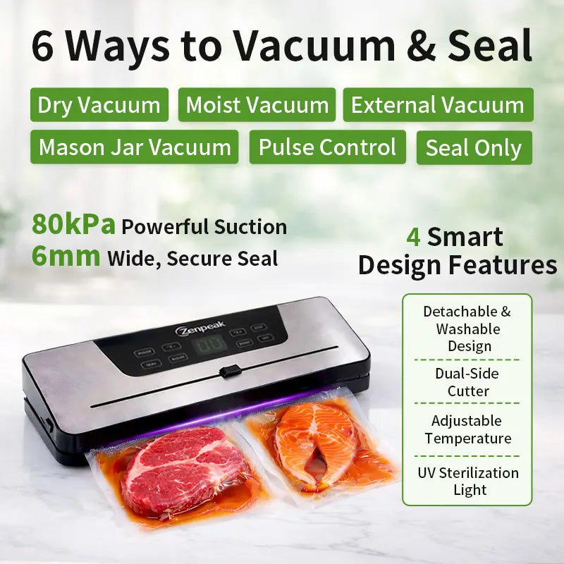 Zenpeak Professional Food Vacuum Sealer with 6mm Wide Seal, Integrated Bag Cutter, Dry & Moist Modes, External Sealing for Bags and Mason Jars, Removable Drip Tray - Ideal Mother's Day Gift