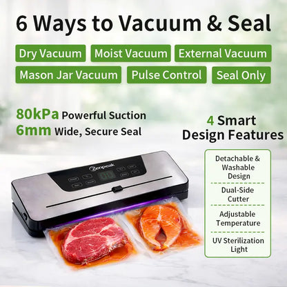 Zenpeak Professional Food Vacuum Sealer with 6mm Wide Seal, Integrated Bag Cutter, Dry & Moist Modes, External Sealing for Bags and Mason Jars, Removable Drip Tray - Ideal Mother's Day Gift