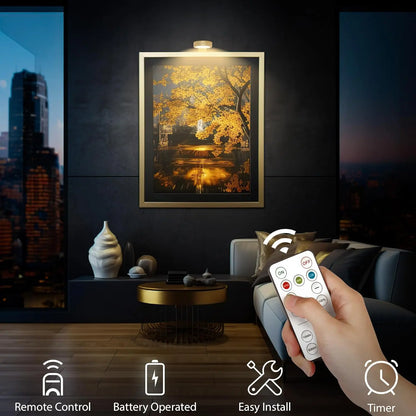 3 PCS Battery Operated Painting Lights, Magnetic LED Painting Lights with Remote Dimming and Timer, 3 Lighting Modes Art Display Lights for Frame Displays, Wireless Wall Decor Puck Lights, Gold Night Light Battery Operated Counter Lamp