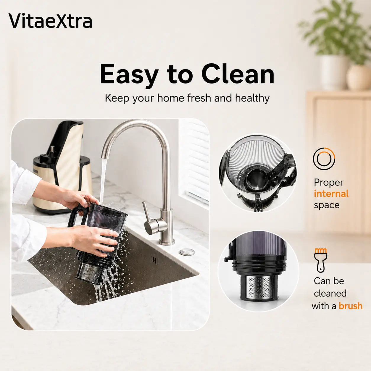 Vitaextra Professional Cold Press Juicer with 5.8" Extra Large Chute, Quiet Masticating Technology for Whole Fruits, Vegetables, and High Juice Yield, 250W AC Motor, Easy Clean Design