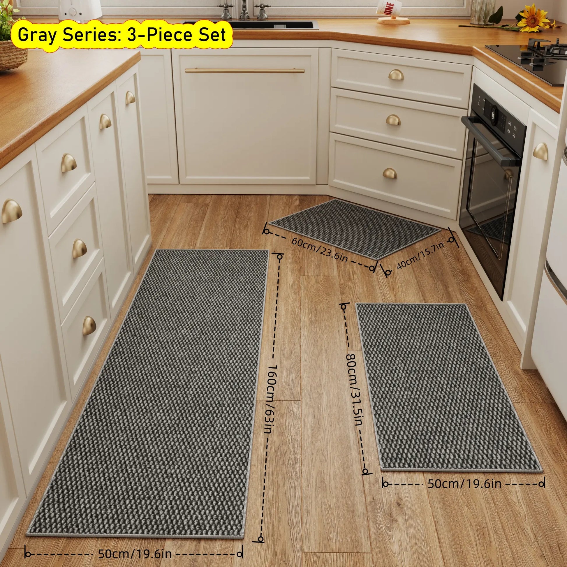 3-Piece Set Kitchen Mat, Premium Woven Carpet, Thickened 0.23In, Anti-Slip TPR Bottom, Long Quick-Dry Absorbent Foot Mat, Minimalist Home Decor, Suitable For: Kitchen, Bedroom, Living Room, Bathroom Entrance, under Sink, Guesthouse, Hotel, Etc.
