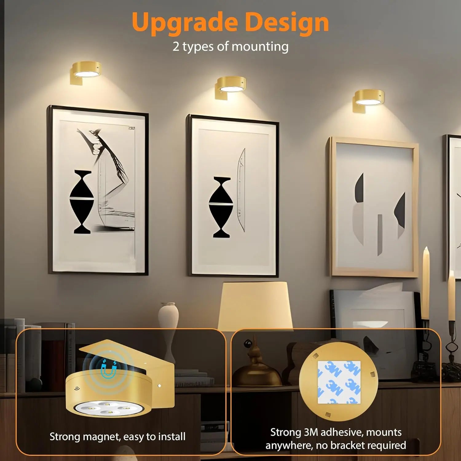 3 PCS Battery Operated Painting Lights, Magnetic LED Painting Lights with Remote Dimming and Timer, 3 Lighting Modes Art Display Lights for Frame Displays, Wireless Wall Decor Puck Lights, Gold Night Light Battery Operated Counter Lamp