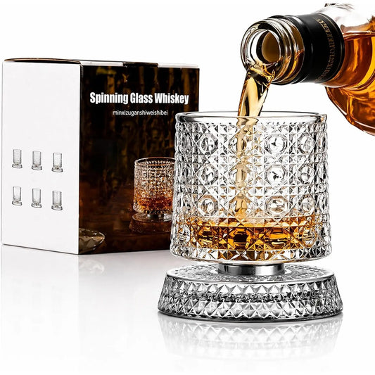 Luxury 360° Rotating Whiskey Glass with Heavy Relief Base - Hand-Painted Crystal Old Fashioned Glass, Unique Embossed Design, 2026 Edition
