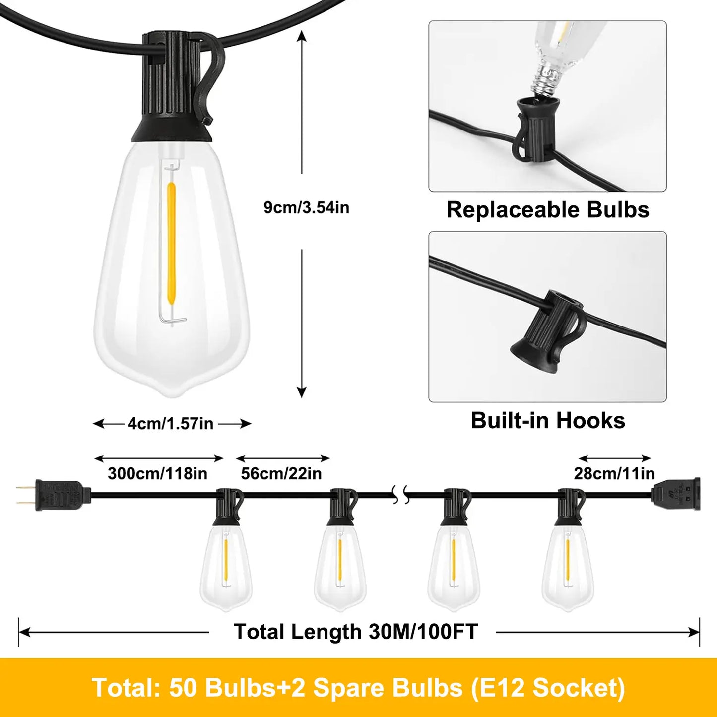 LED Outdoor String Light, 100Ft Waterproof String Lights, Dimmable Outdoor Decorative Light (Dimmer Is Not Included), Suitable for Garden, Yard, Patio, Balcony, LED Lights, Led Bulbs