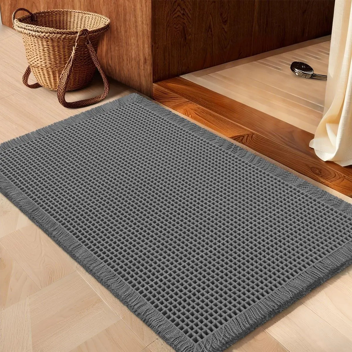 IM HOME Waffle Bath Mat Rugs 1/2/3 Piece, Boho Woven Modern Carpet, Absorbent Non Slip Bathroom Rugs, Soft Washable Bath Rugs with Tassels for Bathroom, Bedroom, Kitchen, Shower, Tub