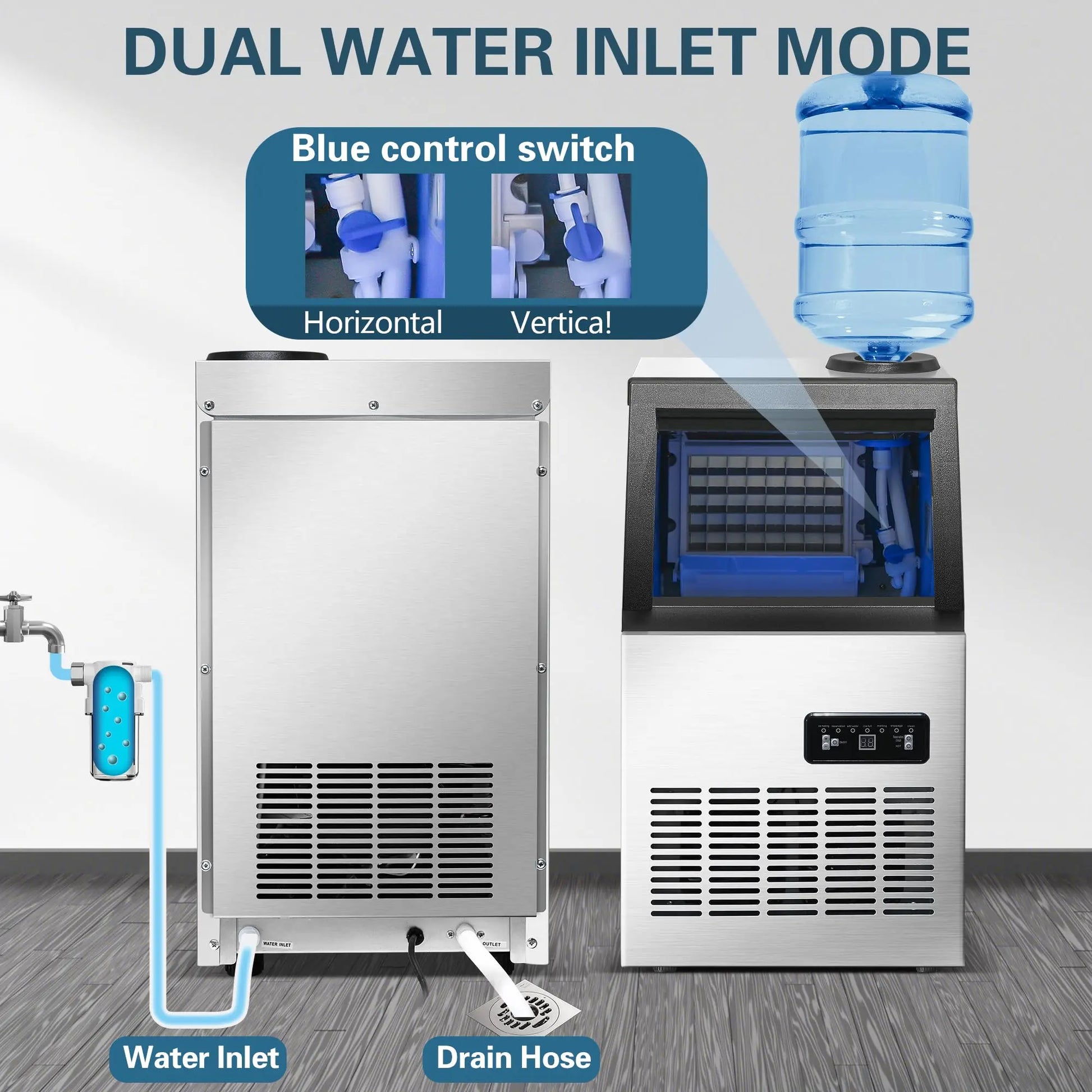 5 Gallon Bucket and Tap Water Supply Commercial Ice Maker Machine - 110LBS/24H, Stainless Steel Freestanding Design, 28LBS Storage Capacity, Dual Water Inlet Modes, Portable Countertop Ice Cube Maker