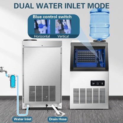 5 Gallon Bucket and Tap Water Supply Commercial Ice Maker Machine - 110LBS/24H, Stainless Steel Freestanding Design, 28LBS Storage Capacity, Dual Water Inlet Modes, Portable Countertop Ice Cube Maker