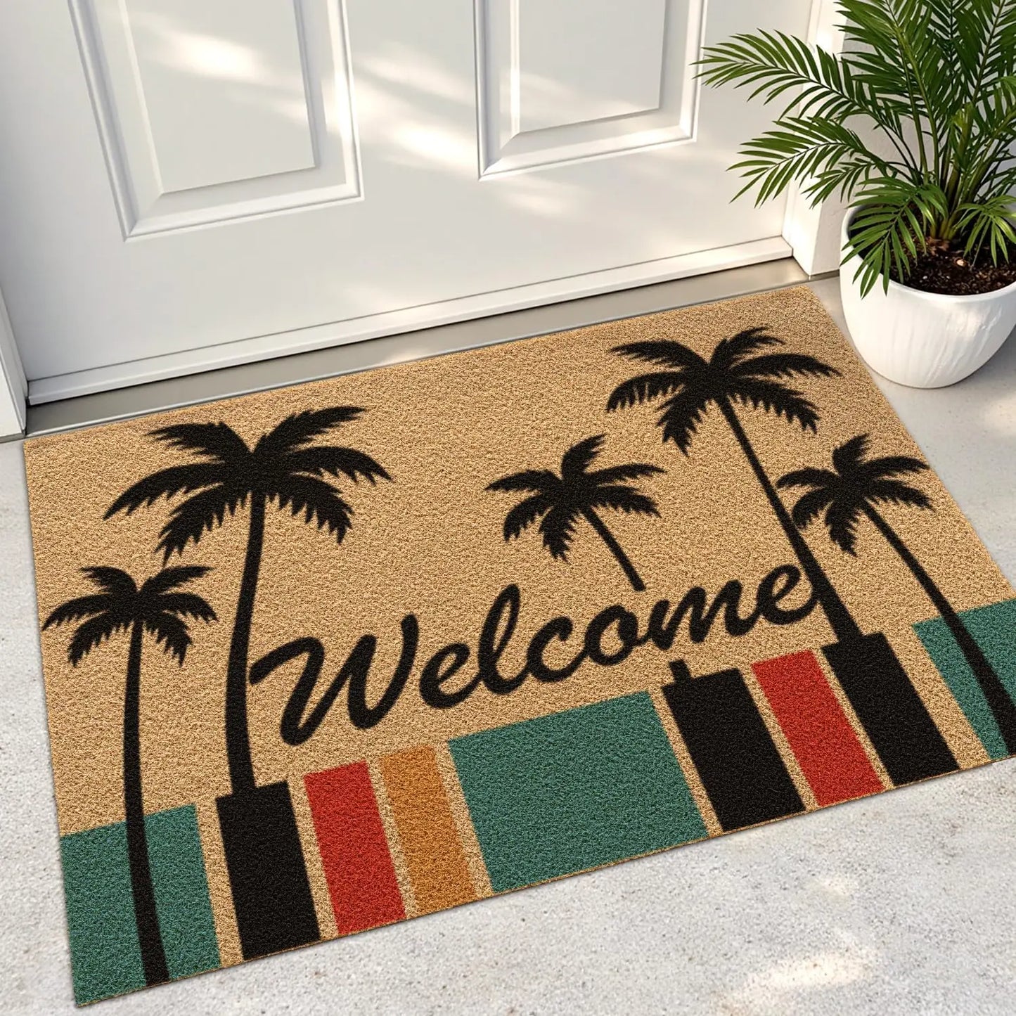DEXI Front Door Mat outside Entrance Coir, 2X3 Heavy Duty Entry Tropical Plant Doormat, Non Slip Exterior Entryway Floor Dirt Trapper for Porch Patio, Green Monstera Leaves