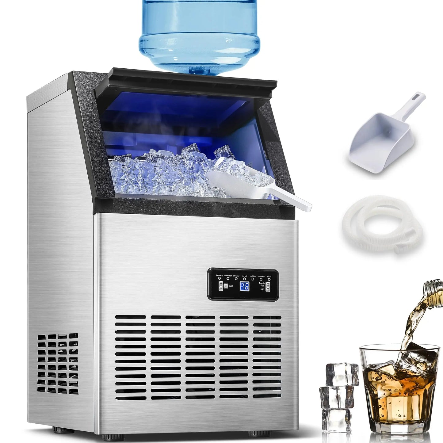 5 Gallon Bucket and Tap Water Supply Commercial Ice Maker Machine - 110LBS/24H, Stainless Steel Freestanding Design, 28LBS Storage Capacity, Dual Water Inlet Modes, Portable Countertop Ice Cube Maker