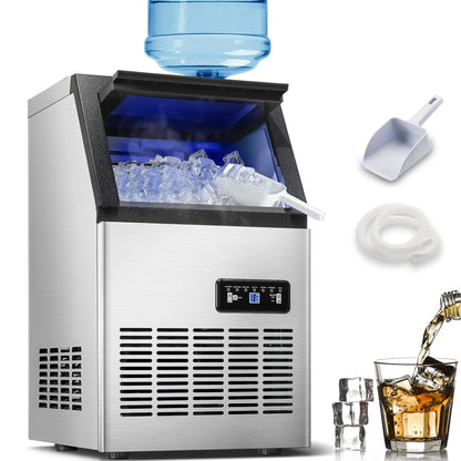 5 Gallon Bucket and Tap Water Supply Commercial Ice Maker Machine - 110LBS/24H, Stainless Steel Freestanding Design, 28LBS Storage Capacity, Dual Water Inlet Modes, Portable Countertop Ice Cube Maker