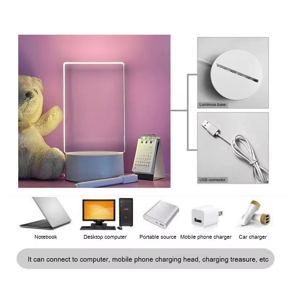 Illuminate Your Space with the Versatile LED Memo Board Night Light - USB-Powered, Erasable Acrylic Message Board for Home and Holidays