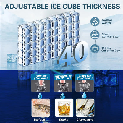 5 Gallon Bucket and Tap Water Supply Commercial Ice Maker Machine - 110LBS/24H, Stainless Steel Freestanding Design, 28LBS Storage Capacity, Dual Water Inlet Modes, Portable Countertop Ice Cube Maker