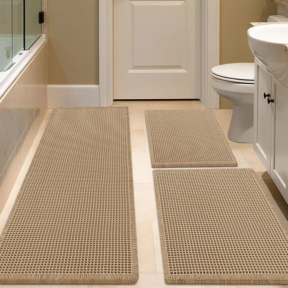 IM HOME Waffle Bath Mat Rugs 1/2/3 Piece, Boho Woven Modern Carpet, Absorbent Non Slip Bathroom Rugs, Soft Washable Bath Rugs with Tassels for Bathroom, Bedroom, Kitchen, Shower, Tub