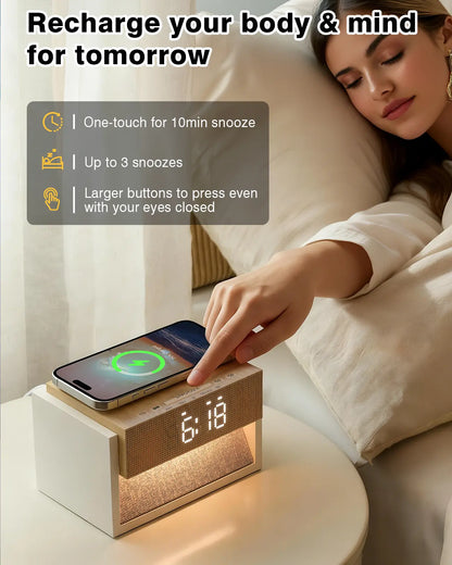 Sleep White Noise Alarm Clock with Wireless Charging 20 Sounds Dual Alarm Snooze Dimmable Display Knob Control for Bedroom Perfect Sleep Gifts