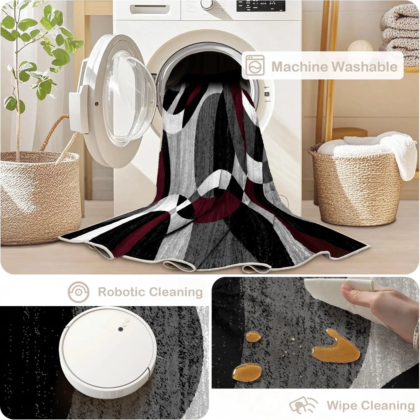 RUGIXE Washable Modern Abstract Area Rug 8X10 5X8 4X6. Ultra Soft Velvet Indoor Carpet with TPR Non-Slip Backing. Black Red Wavy Contemporary Floor Mat for Living Room Bedroom. Pet Friendly, Easy Care Foldable Cozy Decor for Any Space.