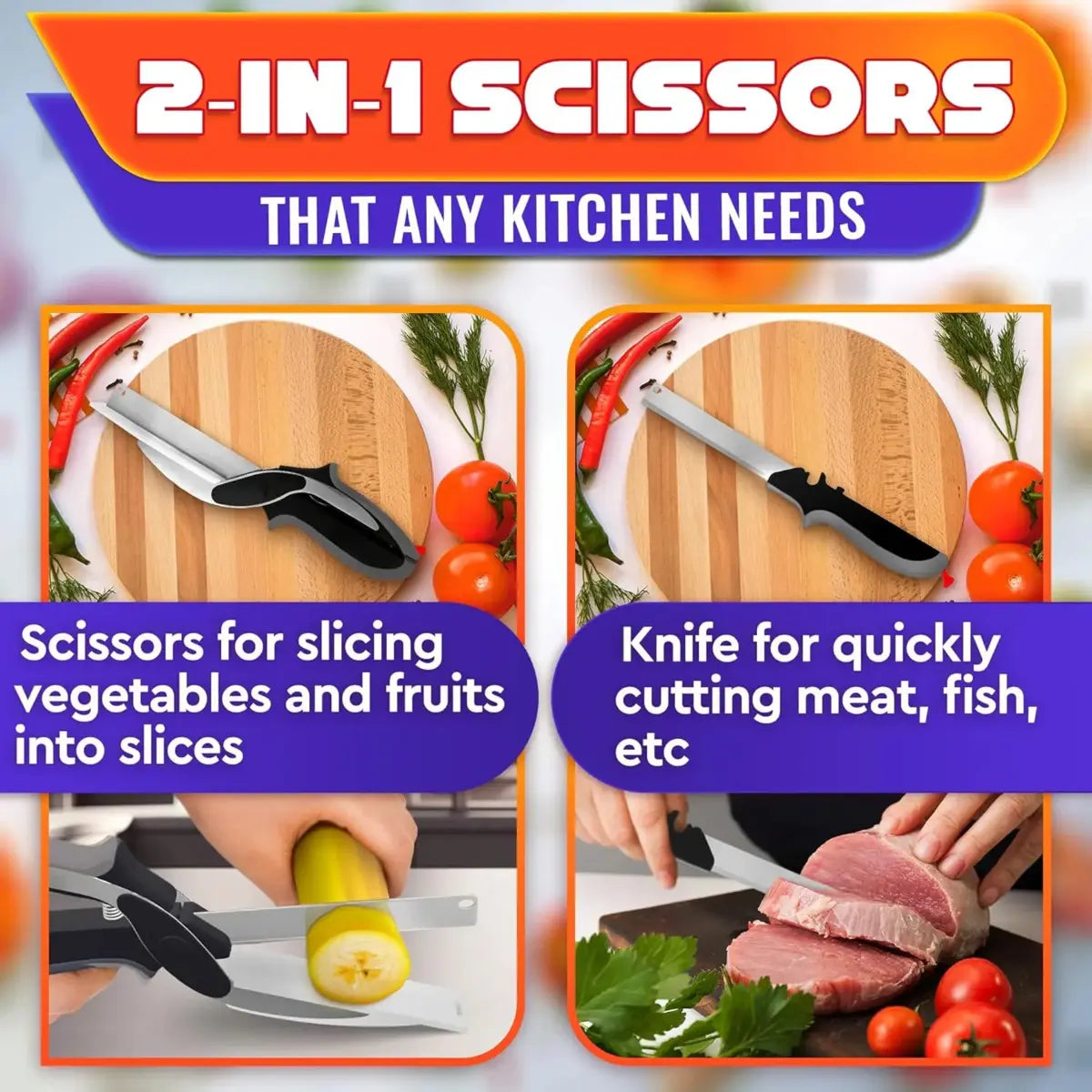 2-in-1 Kitchen Scissors with Stainless Steel Blade and Cutting Board - 9.6" Multi-Purpose Shears for Fruits, Vegetables, Meat, and Cheese with Safety Lock