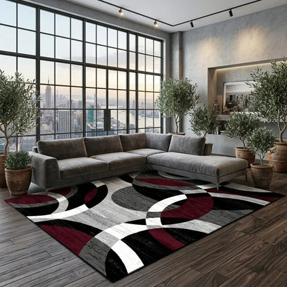 RUGIXE Washable Modern Abstract Area Rug 8X10 5X8 4X6. Ultra Soft Velvet Indoor Carpet with TPR Non-Slip Backing. Black Red Wavy Contemporary Floor Mat for Living Room Bedroom. Pet Friendly, Easy Care Foldable Cozy Decor for Any Space.