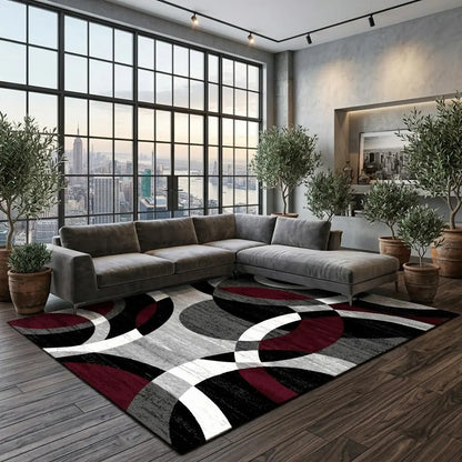 RUGIXE Washable Modern Abstract Area Rug 8X10 5X8 4X6. Ultra Soft Velvet Indoor Carpet with TPR Non-Slip Backing. Black Red Wavy Contemporary Floor Mat for Living Room Bedroom. Pet Friendly, Easy Care Foldable Cozy Decor for Any Space.