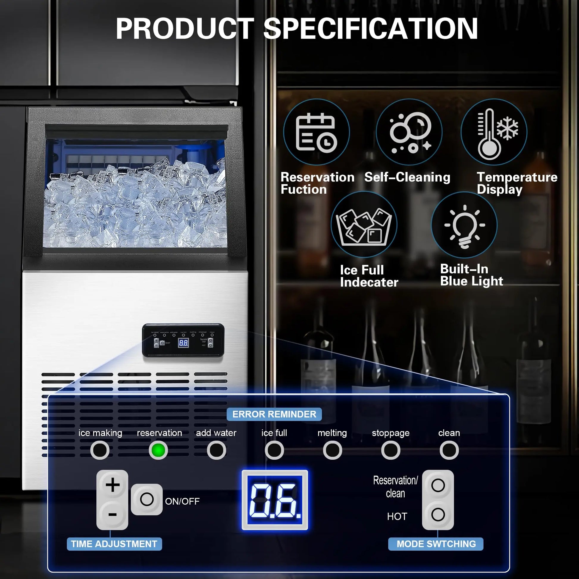 5 Gallon Bucket and Tap Water Supply Commercial Ice Maker Machine - 110LBS/24H, Stainless Steel Freestanding Design, 28LBS Storage Capacity, Dual Water Inlet Modes, Portable Countertop Ice Cube Maker