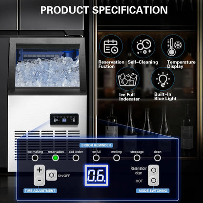 5 Gallon Bucket and Tap Water Supply Commercial Ice Maker Machine - 110LBS/24H, Stainless Steel Freestanding Design, 28LBS Storage Capacity, Dual Water Inlet Modes, Portable Countertop Ice Cube Maker