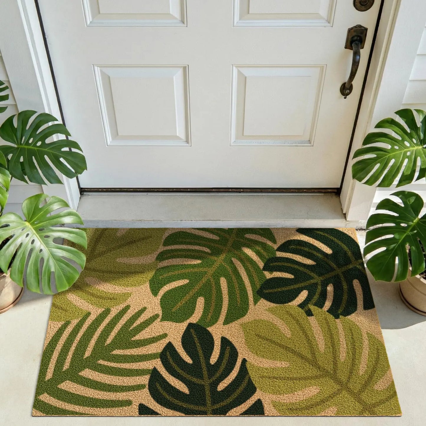 DEXI Front Door Mat outside Entrance Coir, 2X3 Heavy Duty Entry Tropical Plant Doormat, Non Slip Exterior Entryway Floor Dirt Trapper for Porch Patio, Green Monstera Leaves