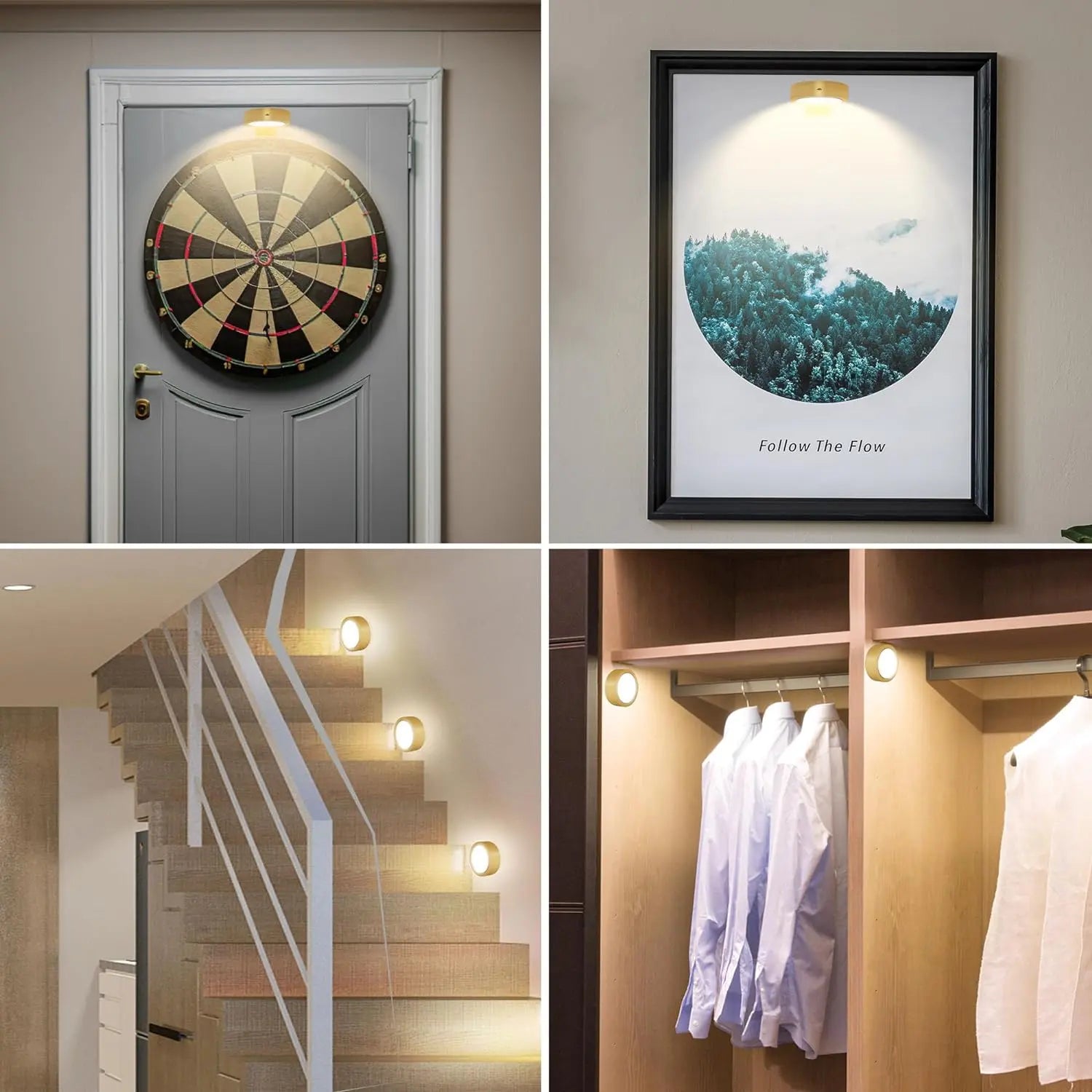3 PCS Battery Operated Painting Lights, Magnetic LED Painting Lights with Remote Dimming and Timer, 3 Lighting Modes Art Display Lights for Frame Displays, Wireless Wall Decor Puck Lights, Gold Night Light Battery Operated Counter Lamp