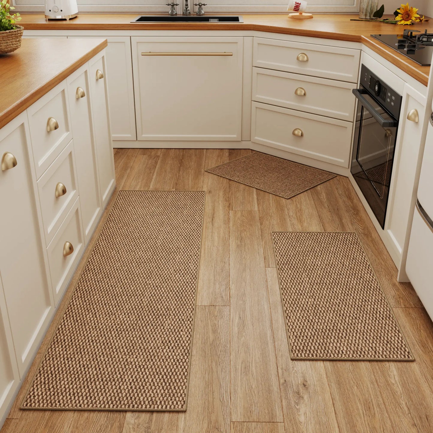 3-Piece Set Kitchen Mat, Premium Woven Carpet, Thickened 0.23In, Anti-Slip TPR Bottom, Long Quick-Dry Absorbent Foot Mat, Minimalist Home Decor, Suitable For: Kitchen, Bedroom, Living Room, Bathroom Entrance, under Sink, Guesthouse, Hotel, Etc.