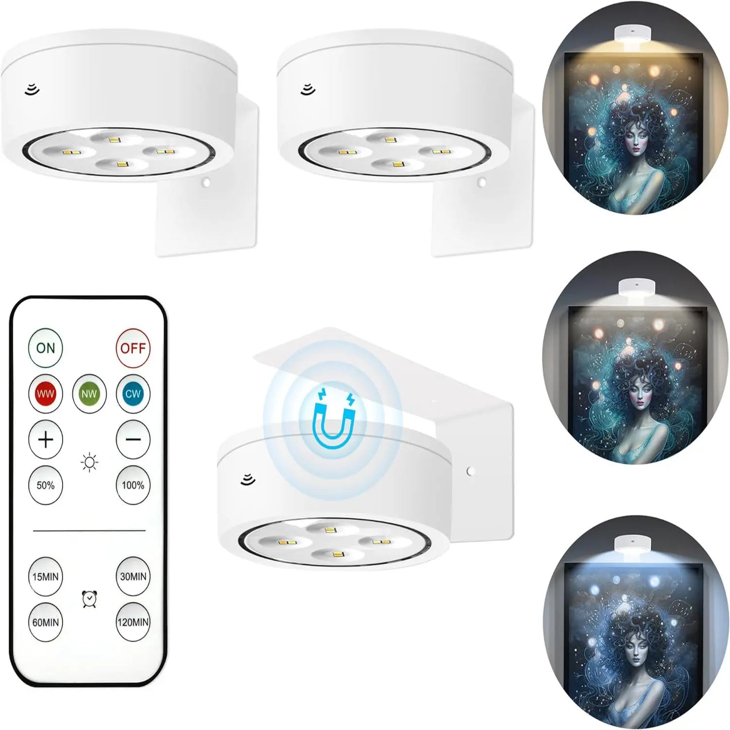 3 PCS Battery Operated Painting Lights, Magnetic LED Painting Lights with Remote Dimming and Timer, 3 Lighting Modes Art Display Lights for Frame Displays, Wireless Wall Decor Puck Lights, Gold Night Light Battery Operated Counter Lamp