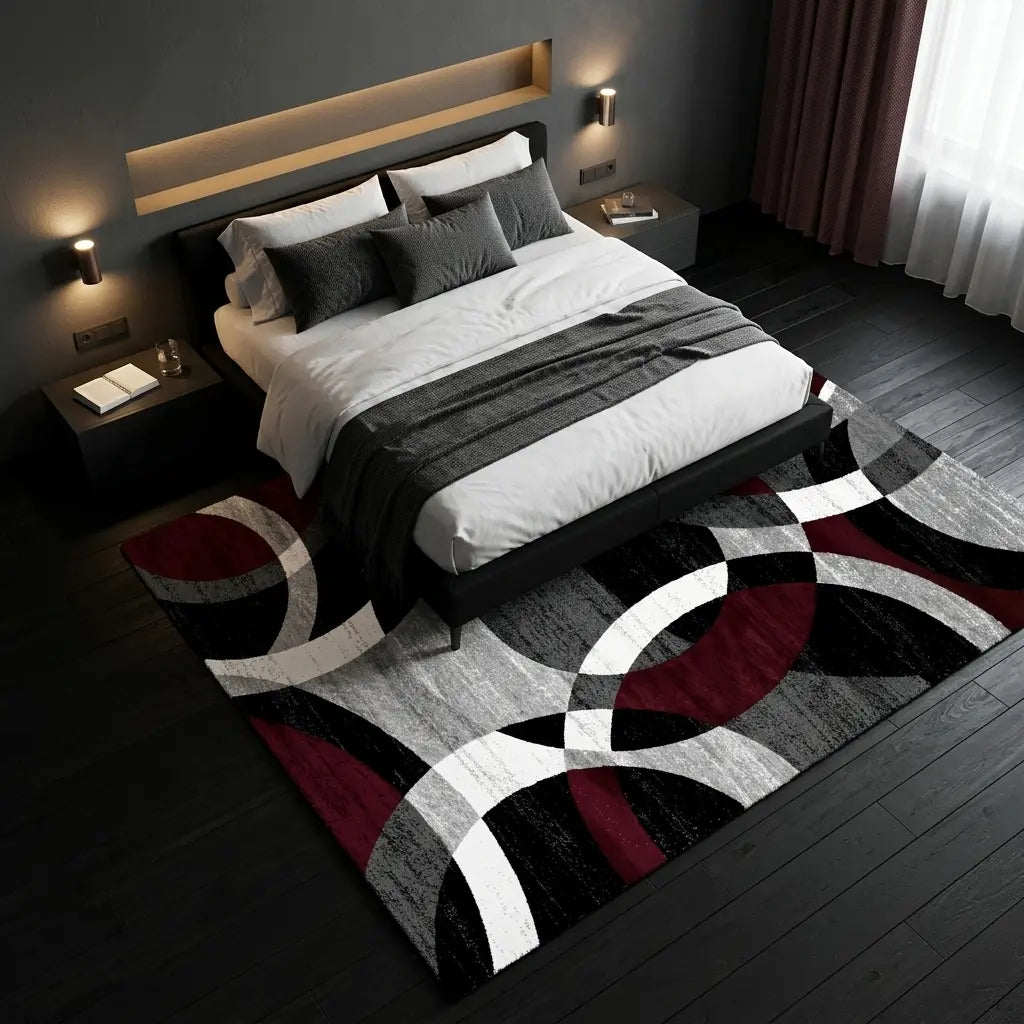 RUGIXE Washable Modern Abstract Area Rug 8X10 5X8 4X6. Ultra Soft Velvet Indoor Carpet with TPR Non-Slip Backing. Black Red Wavy Contemporary Floor Mat for Living Room Bedroom. Pet Friendly, Easy Care Foldable Cozy Decor for Any Space.