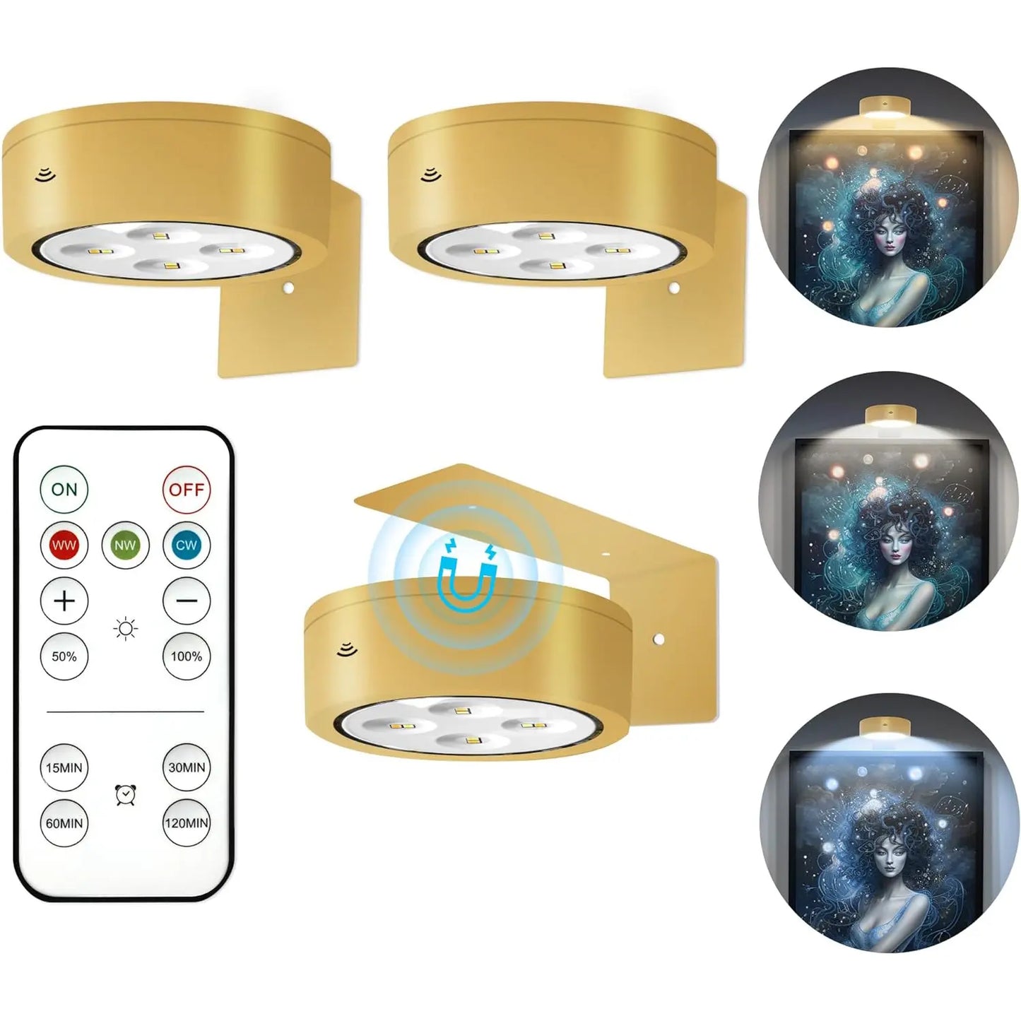3 PCS Battery Operated Painting Lights, Magnetic LED Painting Lights with Remote Dimming and Timer, 3 Lighting Modes Art Display Lights for Frame Displays, Wireless Wall Decor Puck Lights, Gold Night Light Battery Operated Counter Lamp