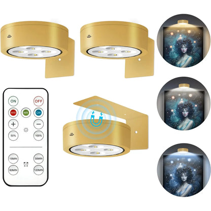 3 PCS Battery Operated Painting Lights, Magnetic LED Painting Lights with Remote Dimming and Timer, 3 Lighting Modes Art Display Lights for Frame Displays, Wireless Wall Decor Puck Lights, Gold Night Light Battery Operated Counter Lamp