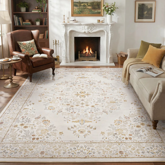 [Summer Wins] Montvoo Floral Decorative Area Rug, Vintage French Country Style, Washable, Non-Slip Backing, Soft Indoor Rug for Living Room, Bedroom, Dining Room & Entryway, Spring Home Decor