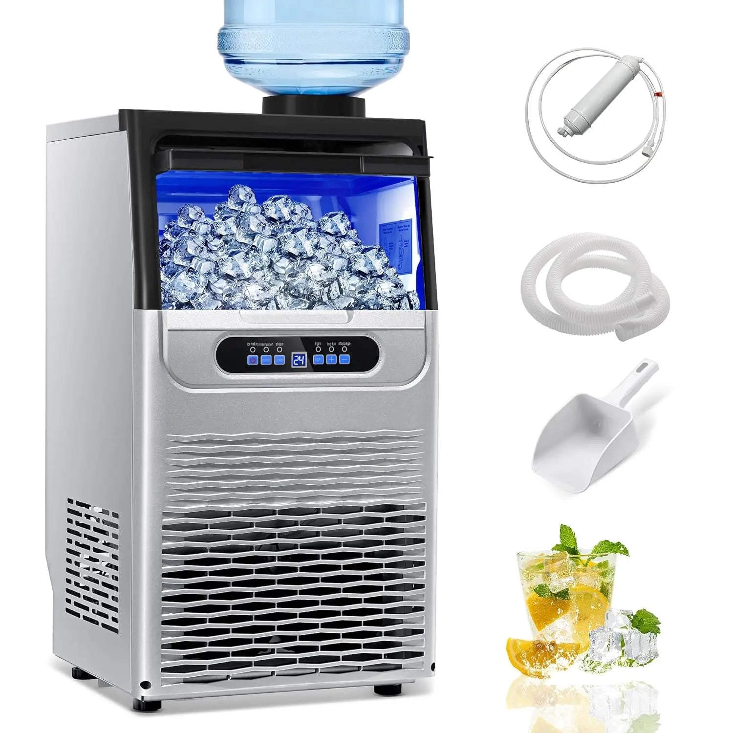 5 Gallon Bucket and Tap Water Supply Commercial Ice Maker Machine - 110LBS/24H, Stainless Steel Freestanding Design, 28LBS Storage Capacity, Dual Water Inlet Modes, Portable Countertop Ice Cube Maker