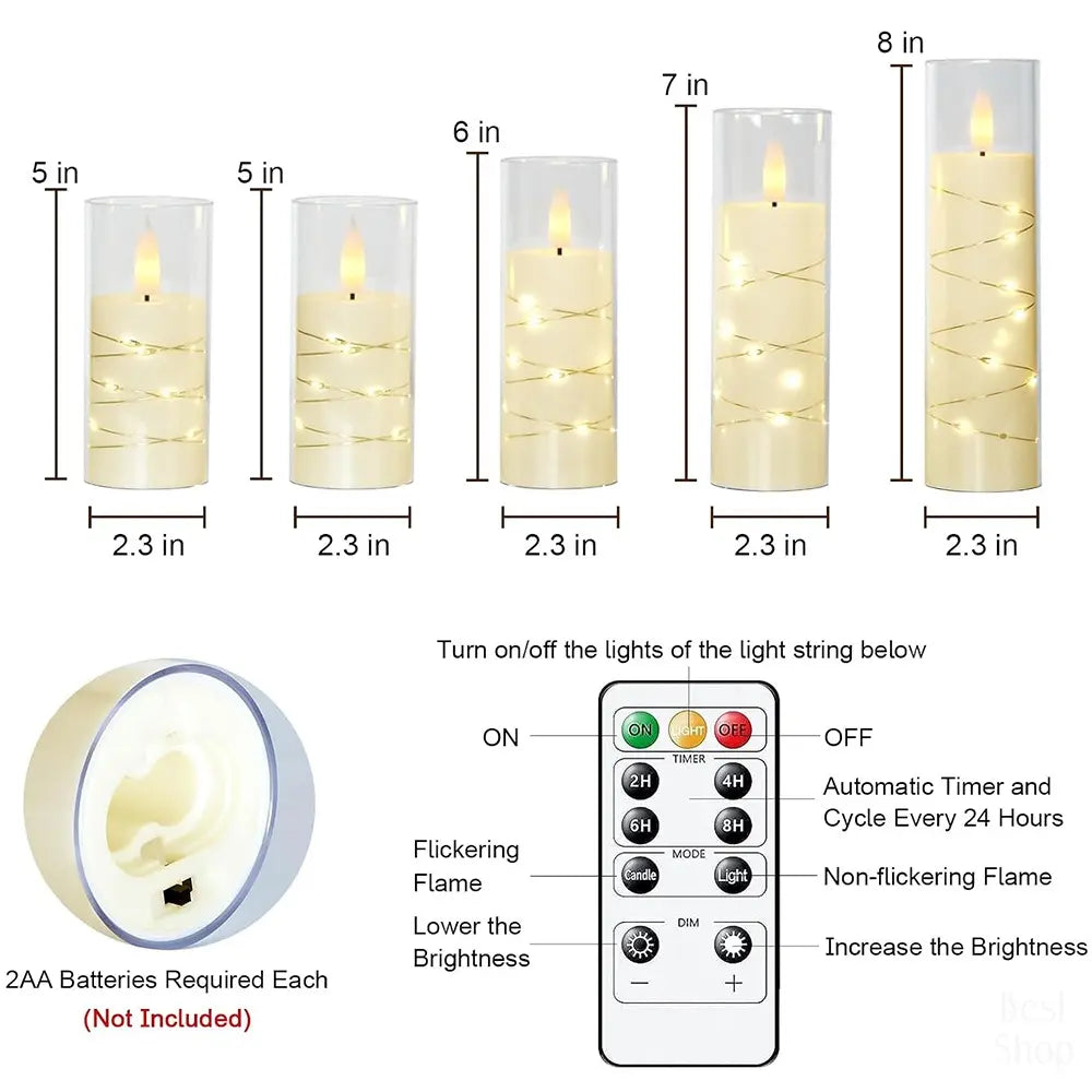 5Pcs Flameless LED Candles with Embedded Star String, Battery Operated Acrylic Pillar Candles with Timer and Remote, Flickering Candles for Romantic Ambiance and Home Decoration Mood Decorative,Valentine'S Day, Mother'S Day