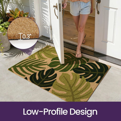 DEXI Front Door Mat outside Entrance Coir, 2X3 Heavy Duty Entry Tropical Plant Doormat, Non Slip Exterior Entryway Floor Dirt Trapper for Porch Patio, Green Monstera Leaves